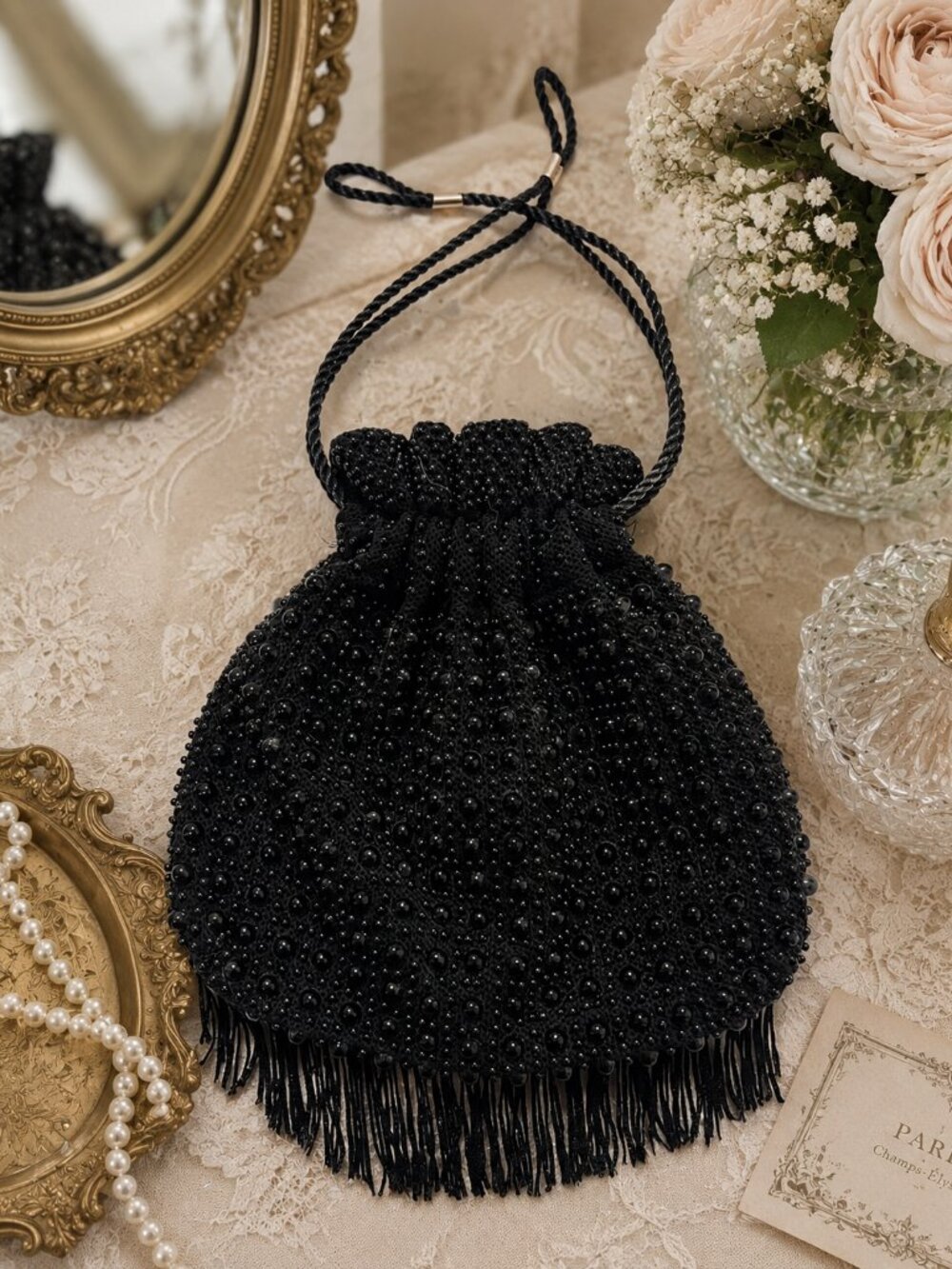 Vintage Hand Beaded Evening Drawstring Pouch Purse Black Fringe Glass Bead Bag